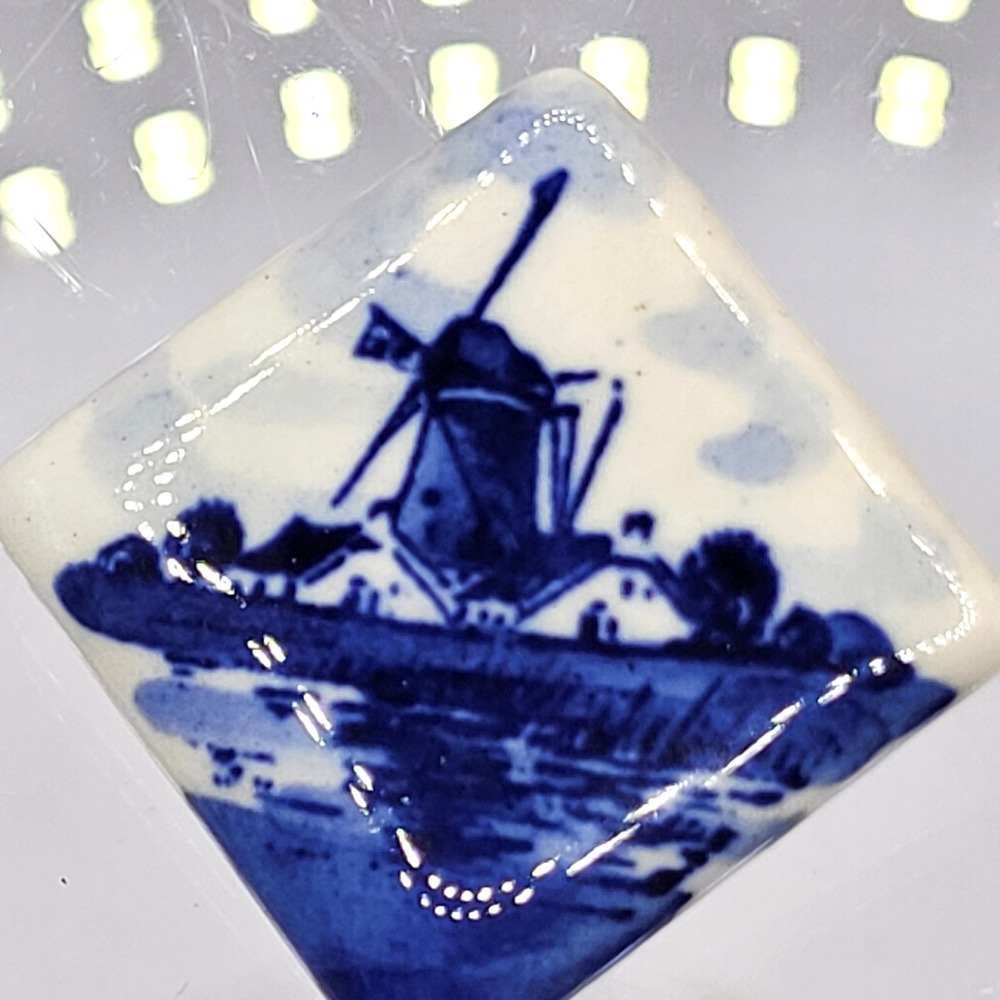 Vintage Delft Holland Porcelain Brooch Blue Windmill